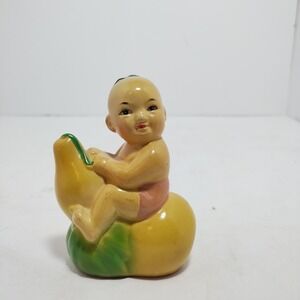 Vtg Asian Chinese Baby on Pear Ceramic Handpaint Painted Figure Pencil Sharpener